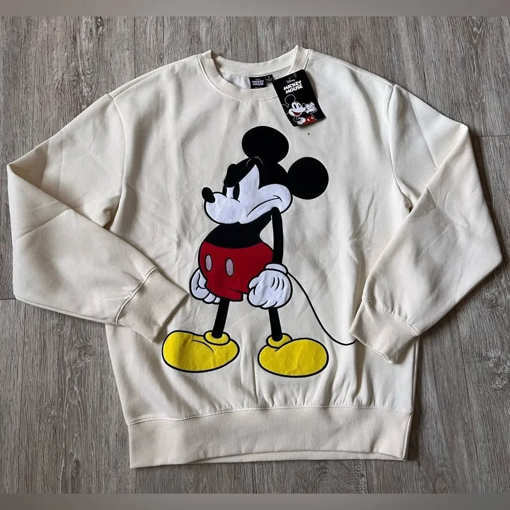Women's Disney Grumpy Mickey Mouse Graphic Sweatshirt Cream Oversized Small
